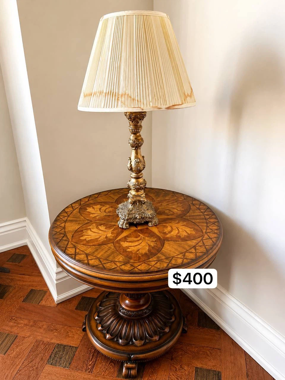 Vintage Wood Inlay Round Side Table