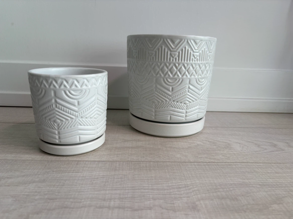 White Ceramic Planters with Saucers (Set of 2)