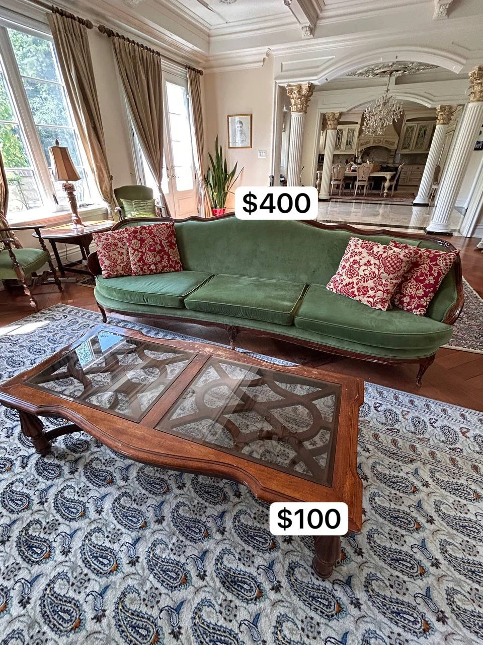 Green Velvet Sofa with Decorative Pillows
