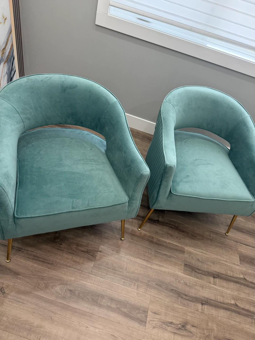 Two Teal Velvet Accent Chairs with Gold Legs
