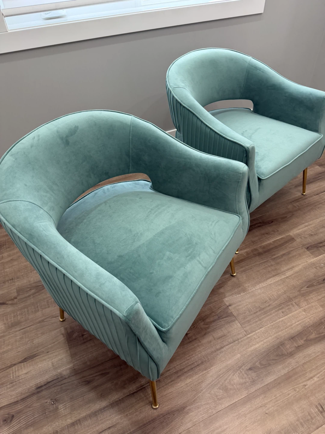 Two Teal Velvet Accent Chairs with Gold Legs - photo 4