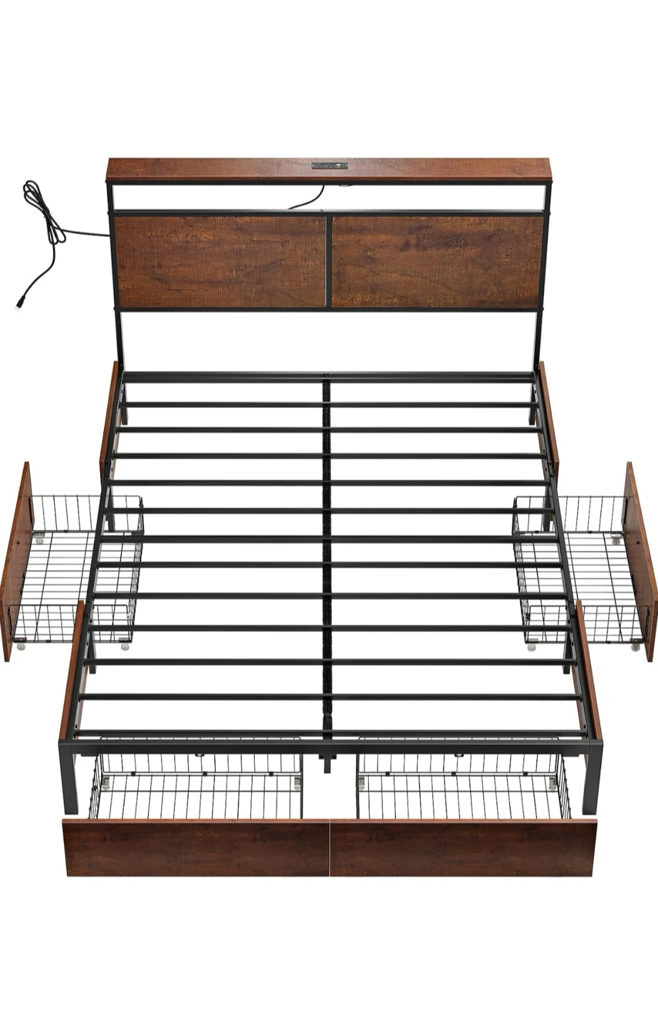 Queen Size Bed Frame with LED Lights and Charging Station