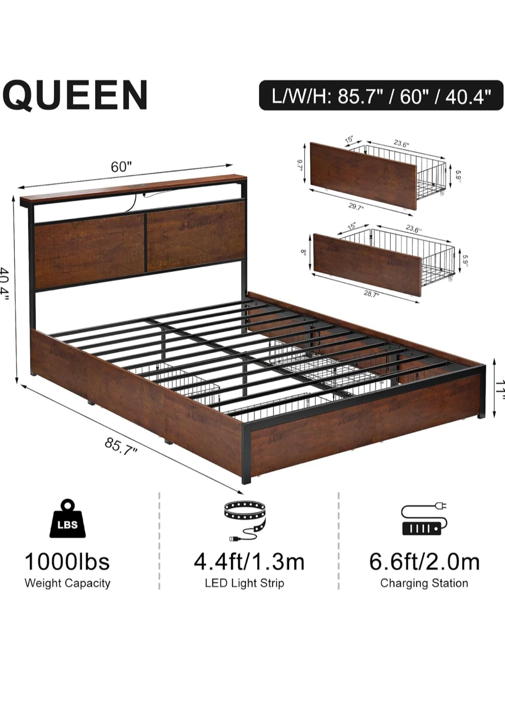 Queen Size Bed Frame with LED Lights and Charging Station - photo 2