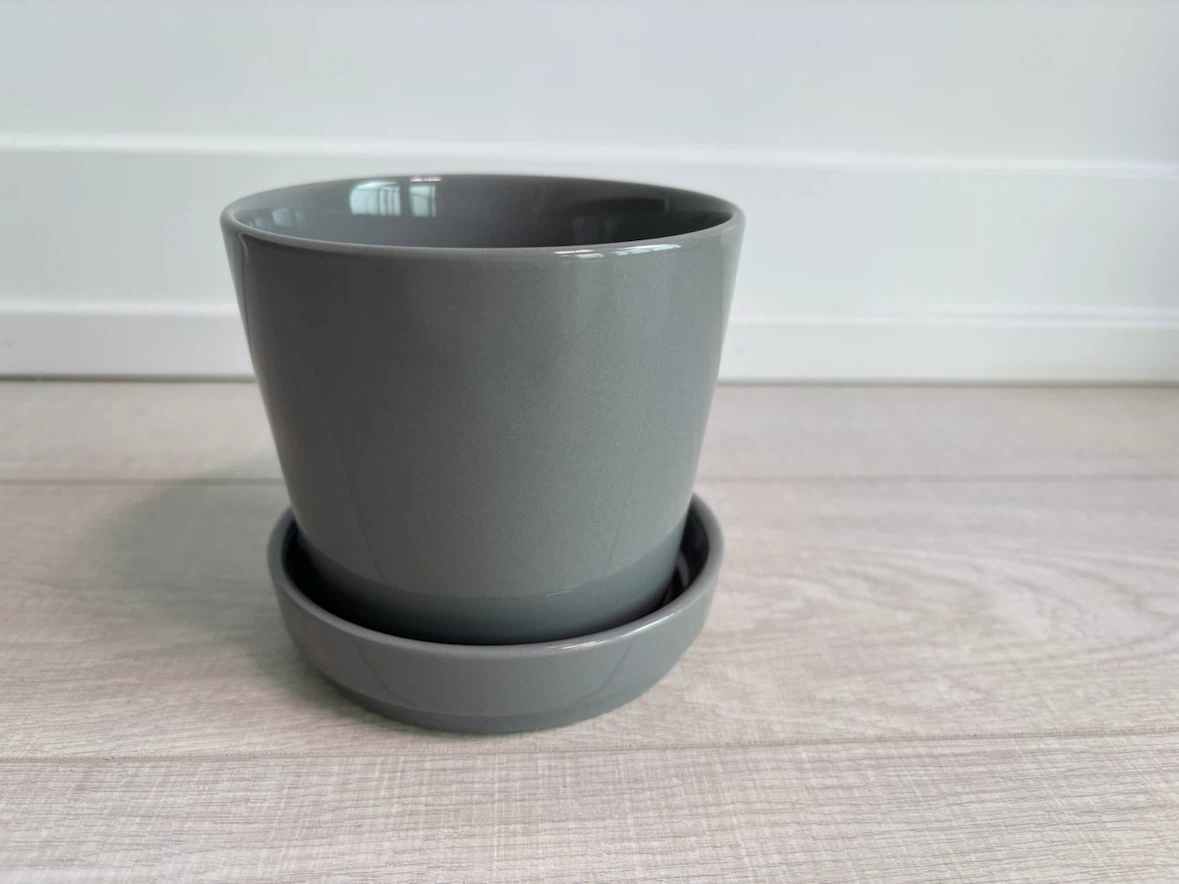 Grey IKEA ceramic planter with Saucer 4 inches