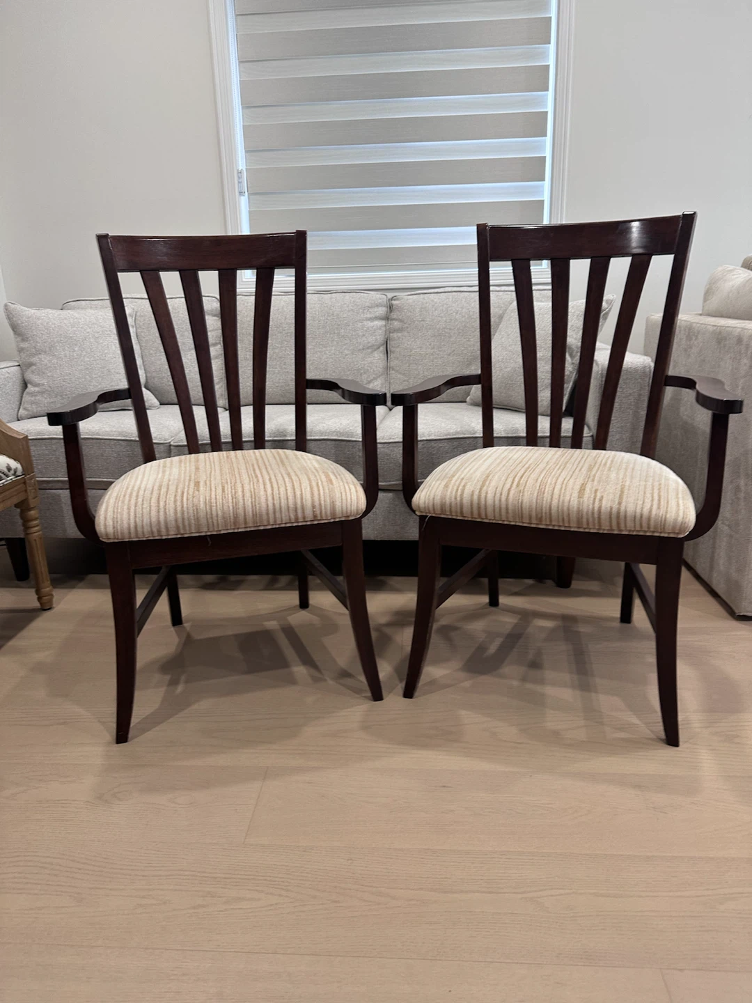 Wooden Arm Chairs with Striped Upholstery