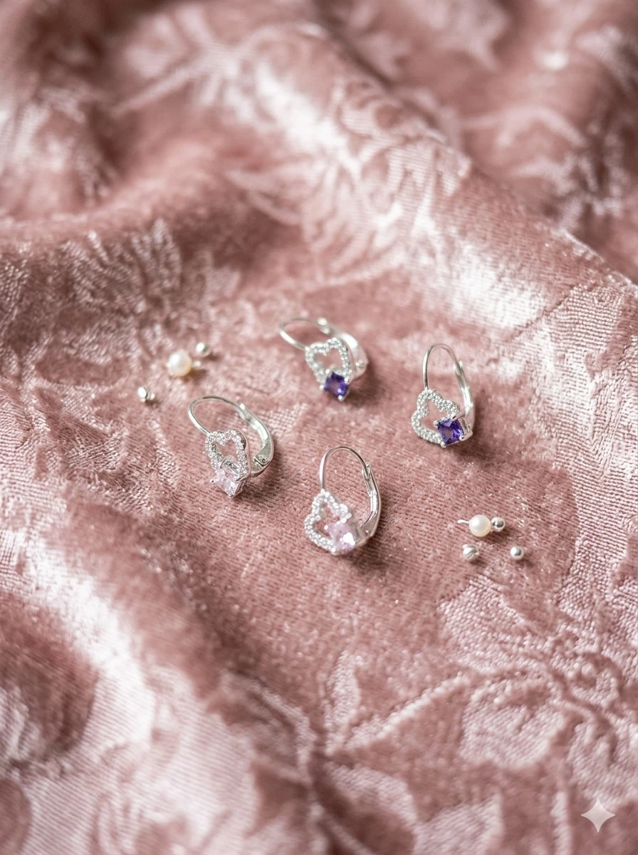 Heart Shape Leverback Earrings with Gemstones