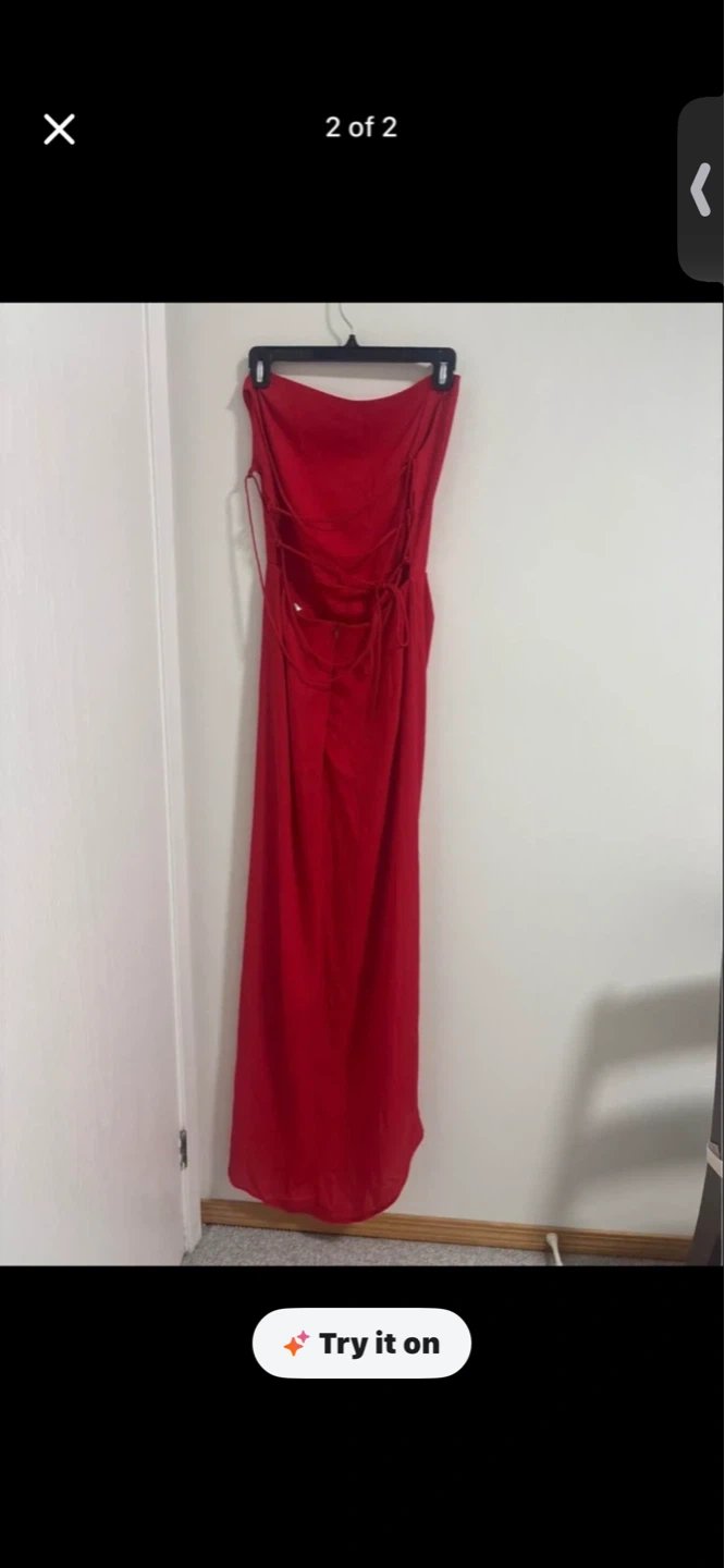 Red Strapless Maxi Dress with Lace-Up Back - photo 2