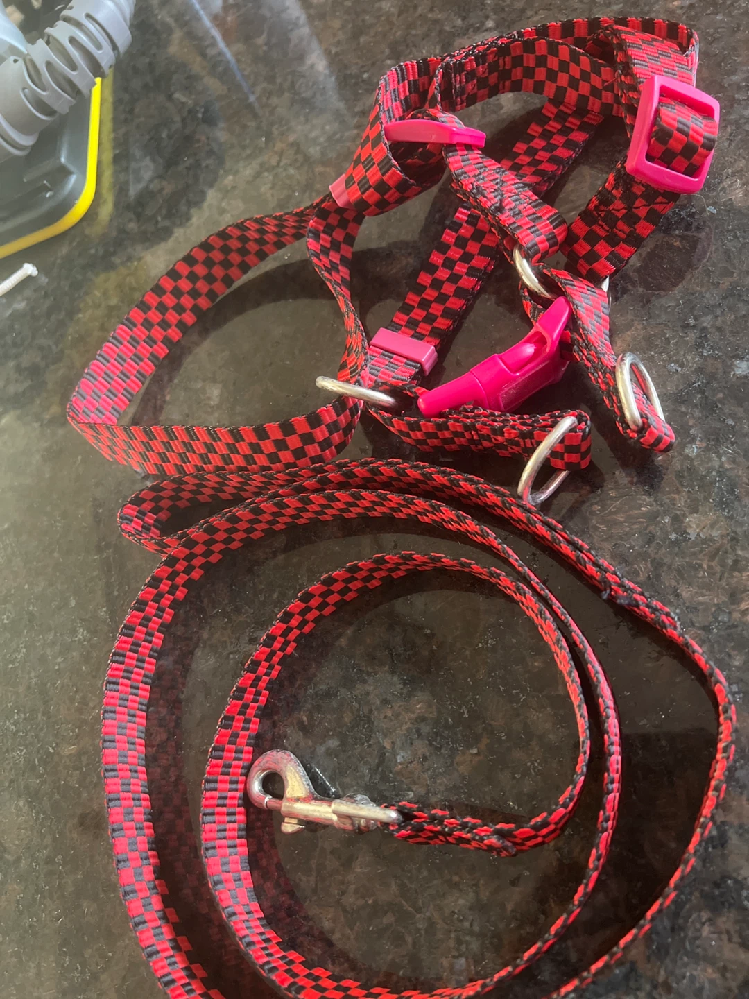 Red and Black Checkered Dog Leash and Harness Set