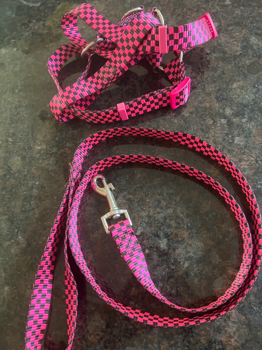 Pink and Black Checkered Dog Leash and Harness Set