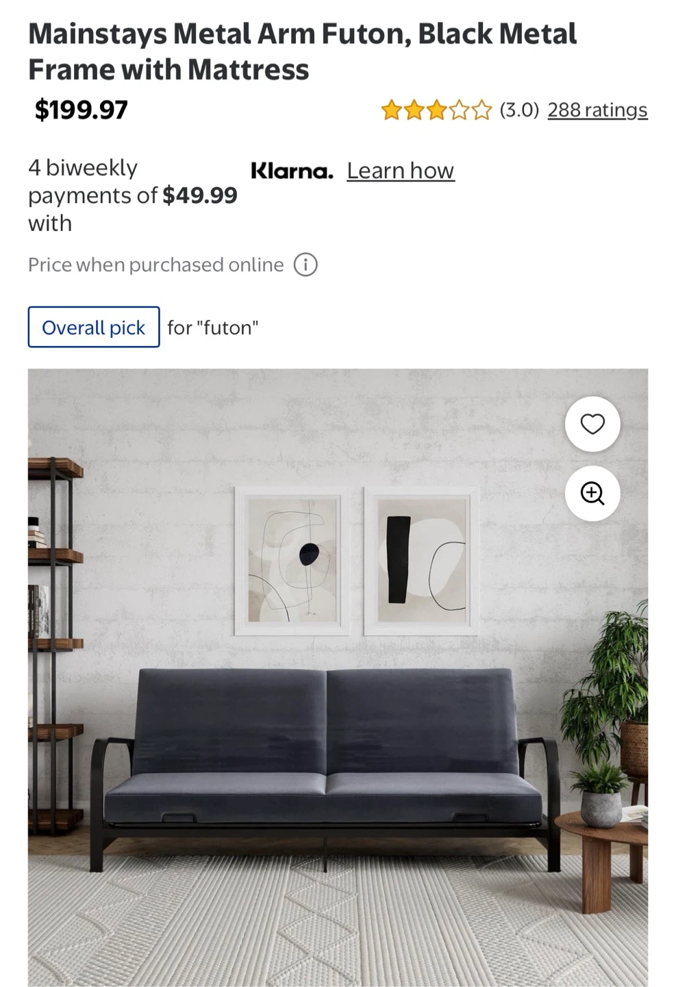 Mainstays Metal Arm Futon, Black Frame with Grey Mattress - photo 3