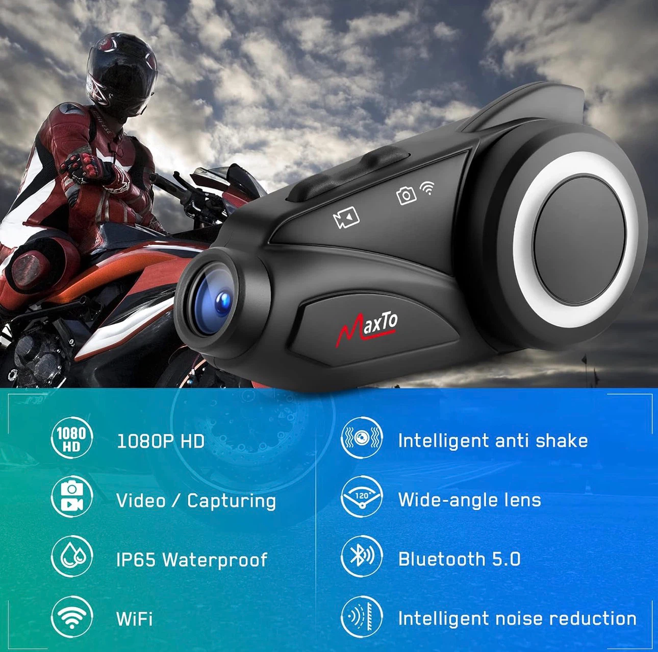Maxto Motorcycle Bluetooth Headset Intercom with 1080P HD Camera