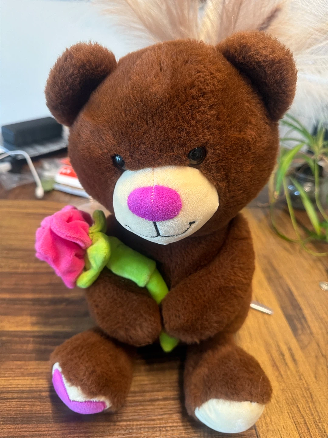 Brown Teddy Bear Holding Pink Flower Plush