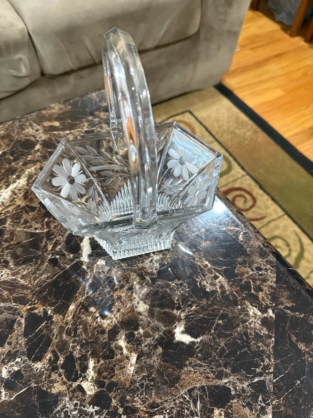 Cut Crystal Glass Basket with Etched Flowers