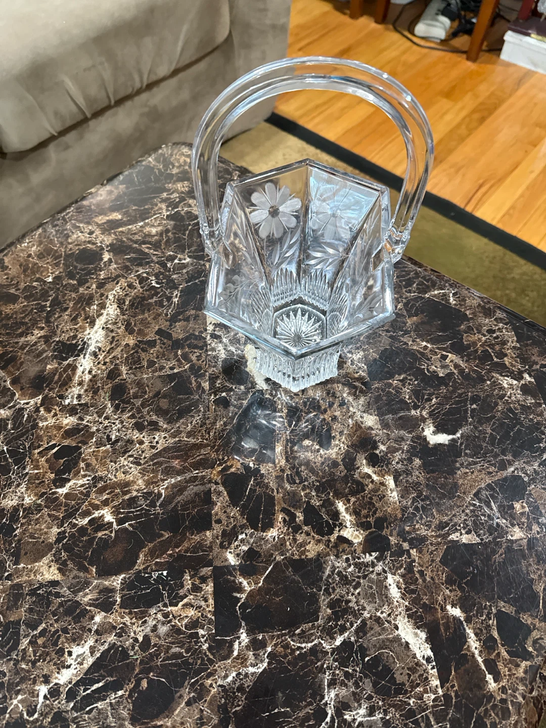 Cut Crystal Glass Basket with Etched Flowers - photo 4