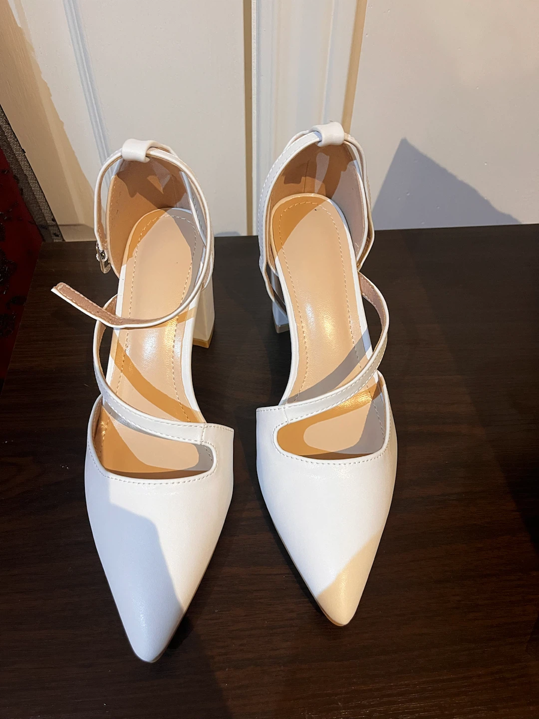 White Block Heel Pumps