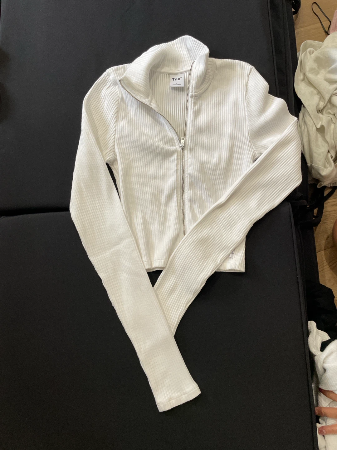 Tna White Ribbed Zip-Up Long Sleeve Top Size S