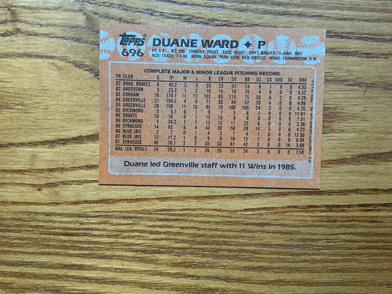 1988 Topps Duane Ward Toronto Blue Jays Card #696 - photo 2