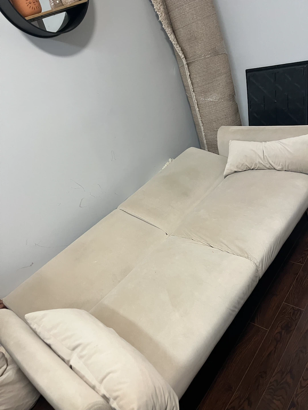 Small Beige Sofa Bed with Pillows - photo 2