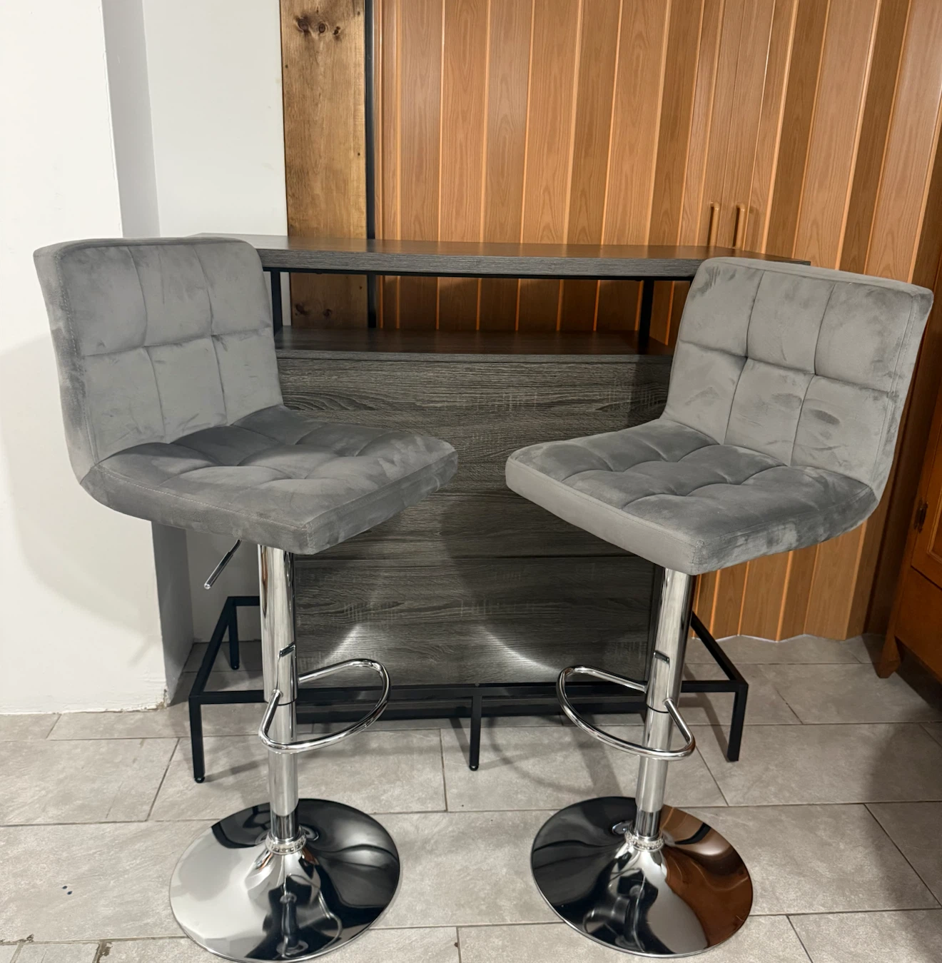 Modern Home Bar Cabinet with 2 Adjustable Gray Velvet Bar Stools
