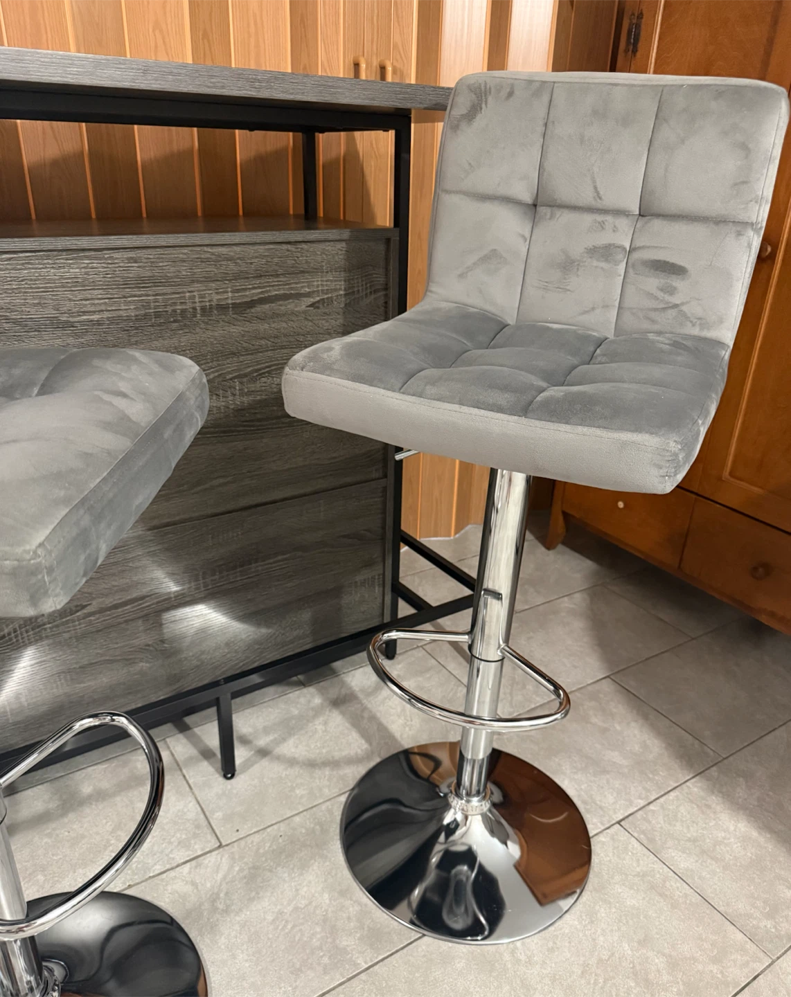 Modern Home Bar Cabinet with 2 Adjustable Gray Velvet Bar Stools - photo 2