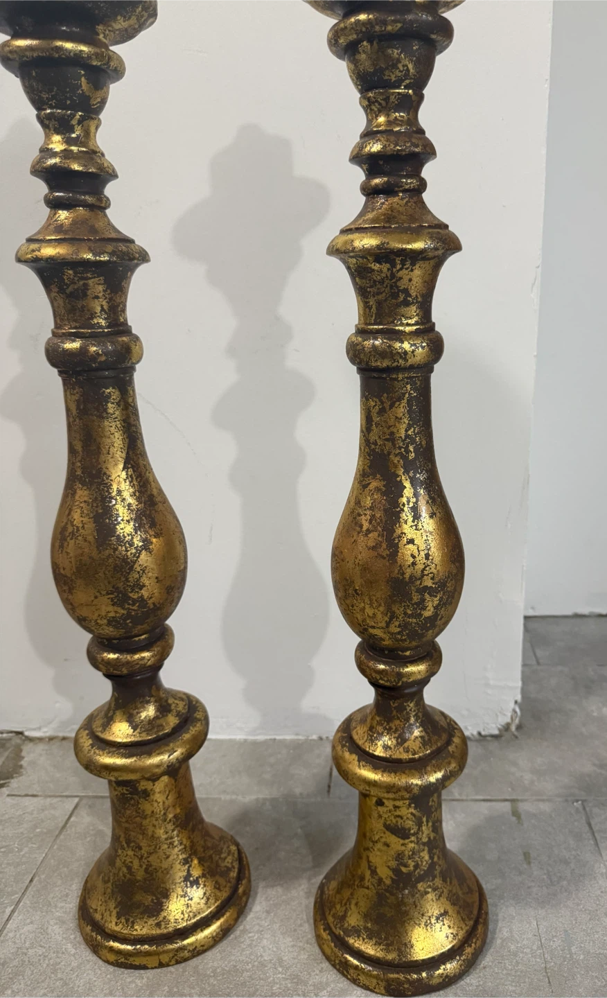 Pair of Oversized Distressed Gold Floor Candle Holders - photo 2