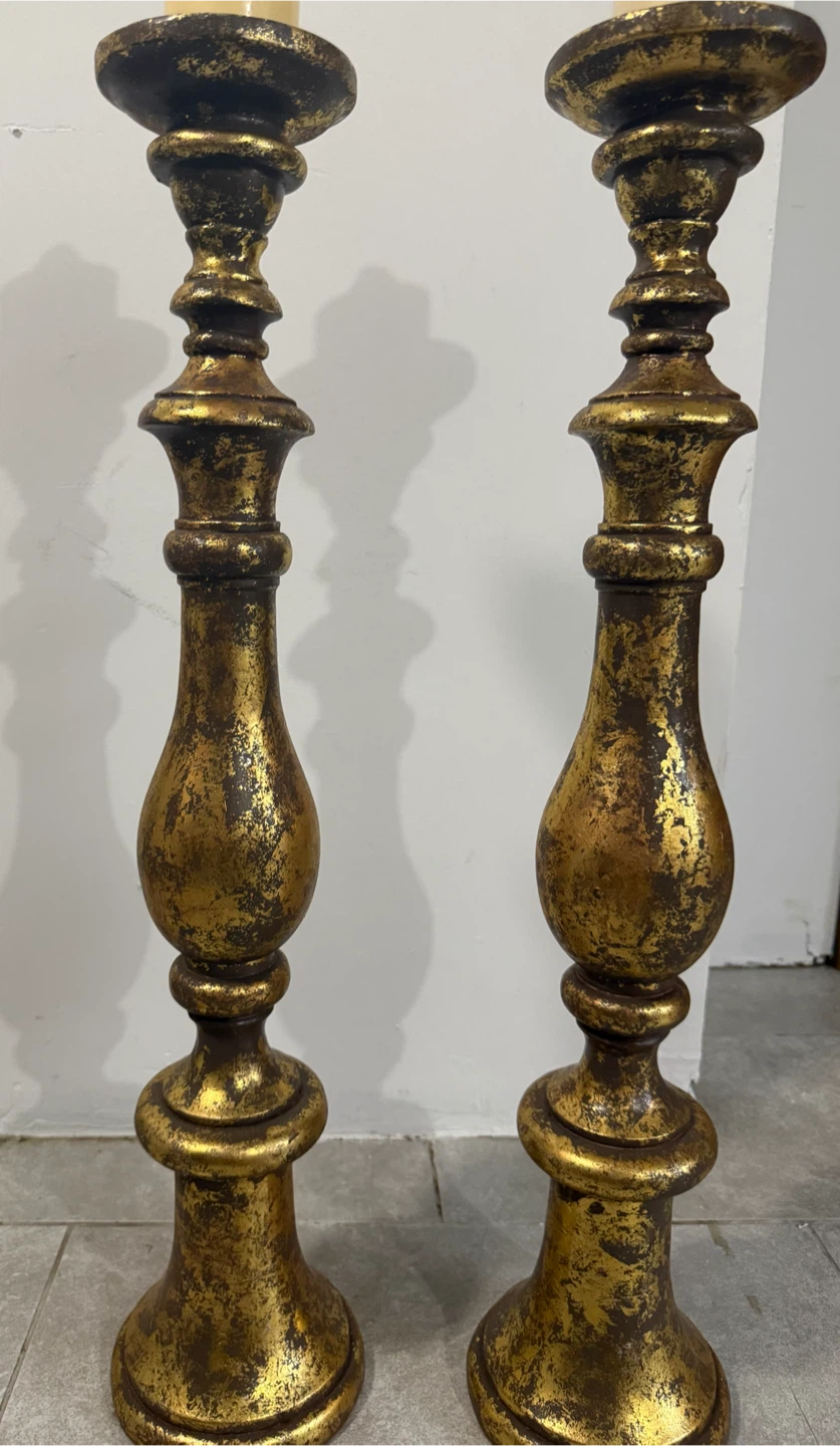 Pair of Oversized Distressed Gold Floor Candle Holders - photo 3