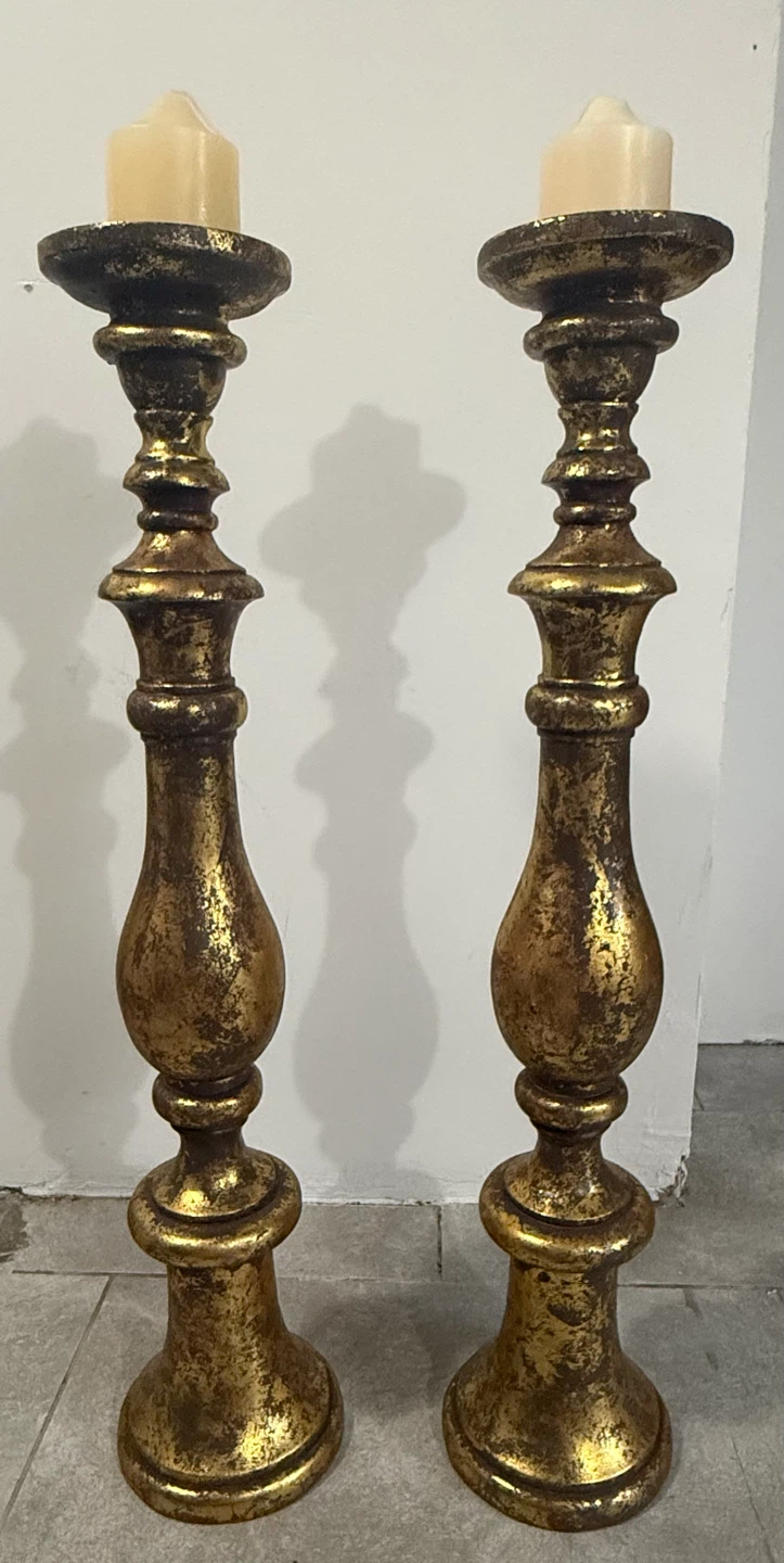 Pair of Oversized Distressed Gold Floor Candle Holders - photo 4