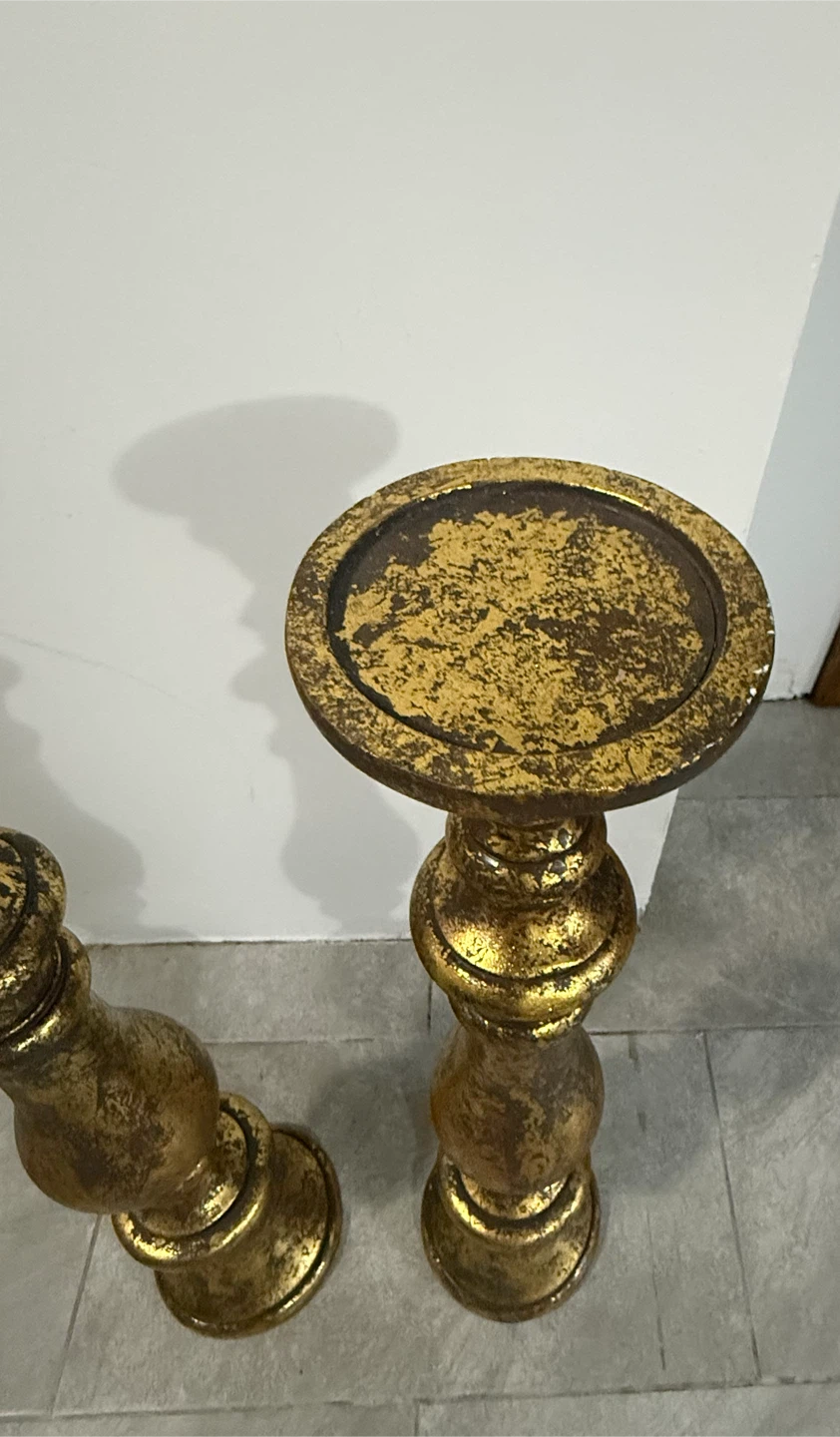 Pair of Oversized Distressed Gold Floor Candle Holders - photo 5