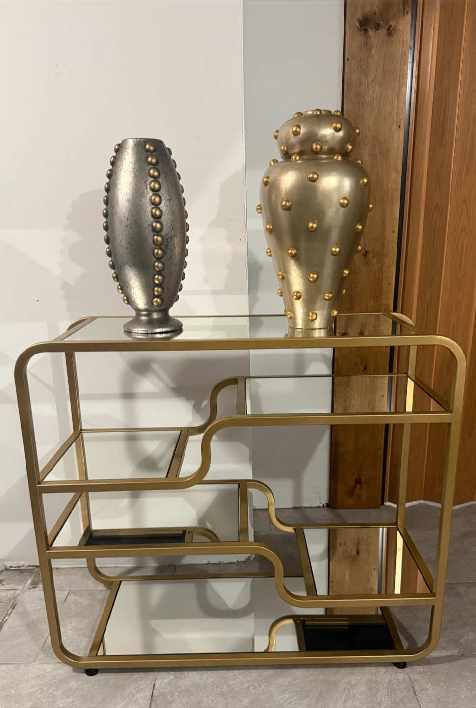 Modern Gold Metal & Mirrored Glass Console Table / Display Shelf