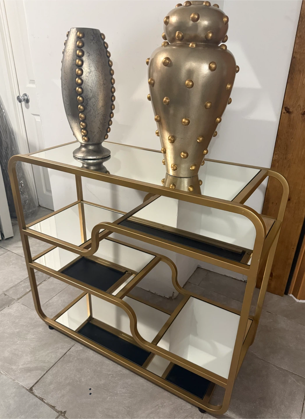 Modern Gold Metal & Mirrored Glass Console Table / Display Shelf - photo 2