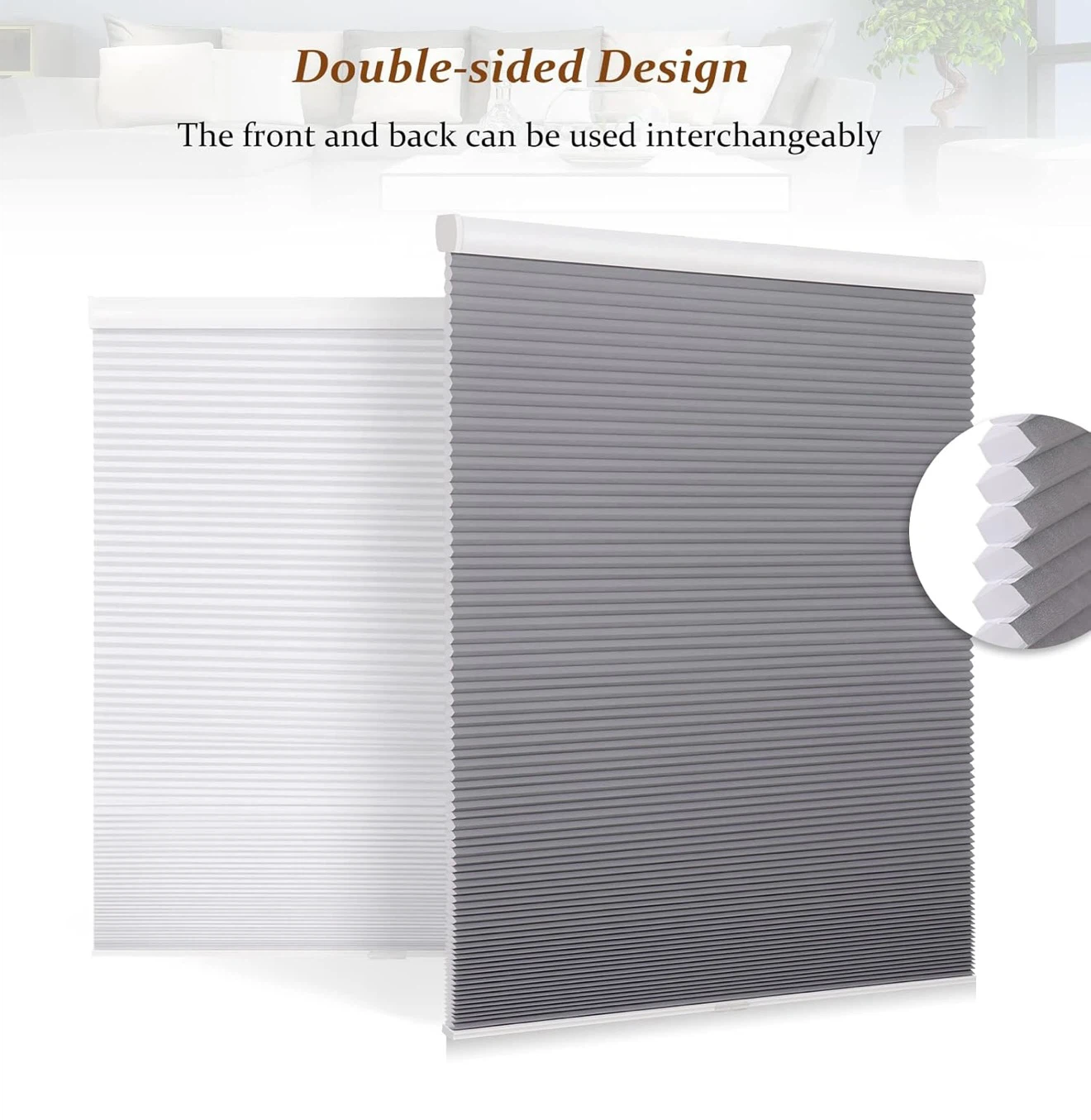 New in Box Cordless Cellular Blinds, Grey/White, 34" W x 64" - photo 2