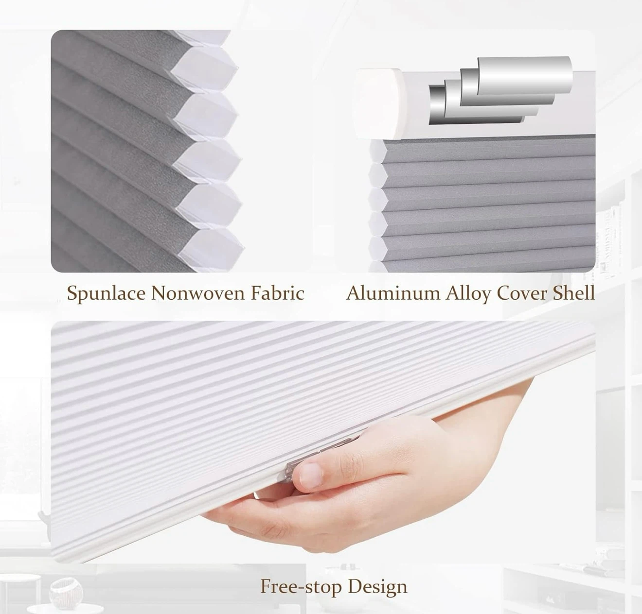 New in Box Cordless Cellular Blinds, Grey/White, 34" W x 64" - photo 3