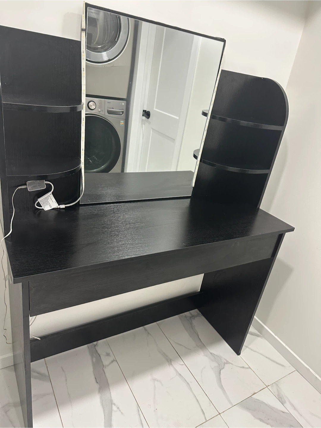 Black Vanity Desk with Mirror and LED Lights