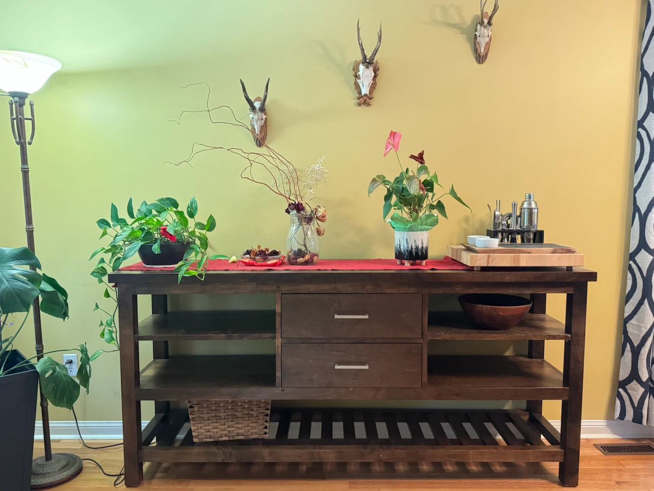 Dark hand made wood cabinet with Drawers and Shelves