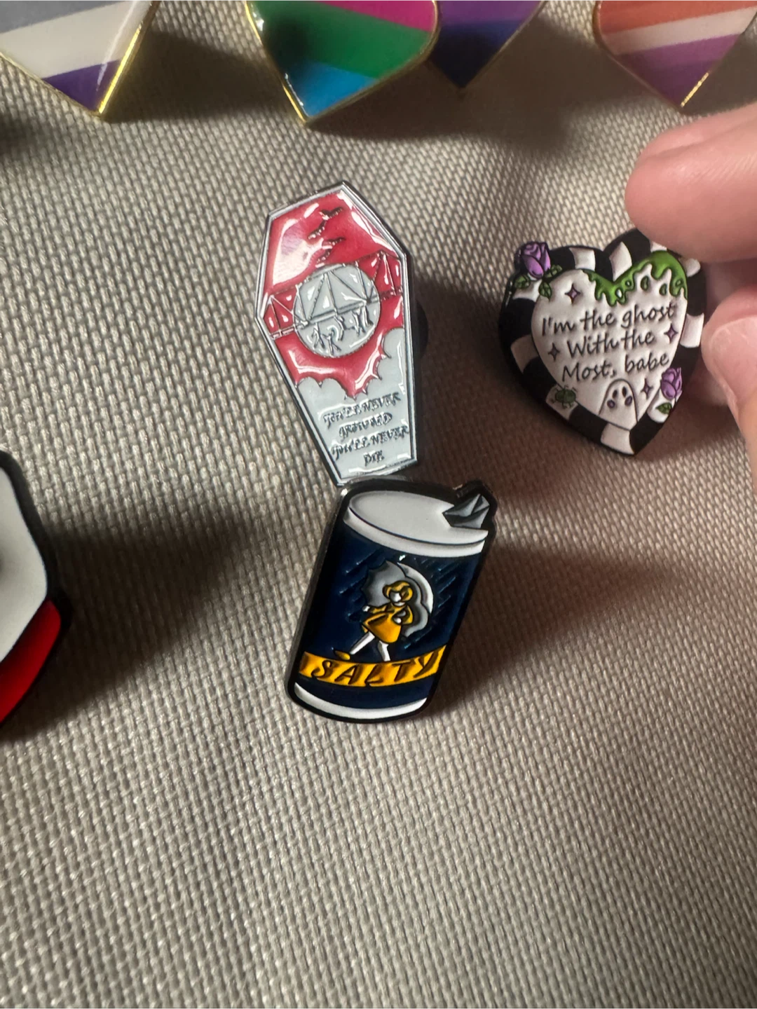 Coffin shaped backpack with an assortment of enamel pins! - photo 5