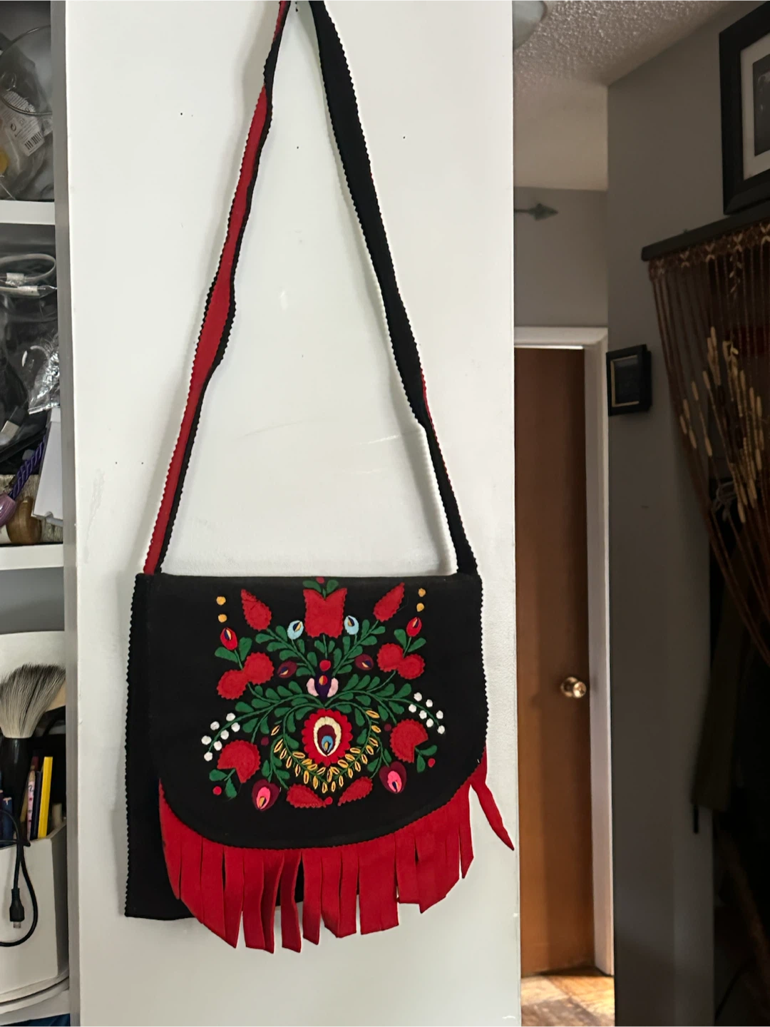 Vintage Hungarian Folk Art Bag - Felt & Red Fringe