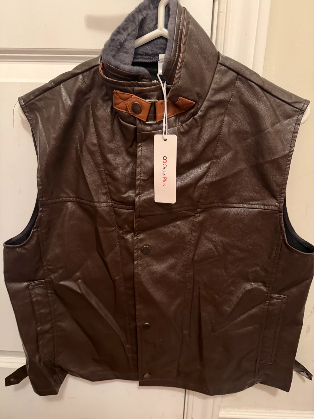 OrderPlus Brown Faux Leather Vest with Sherpa Collar