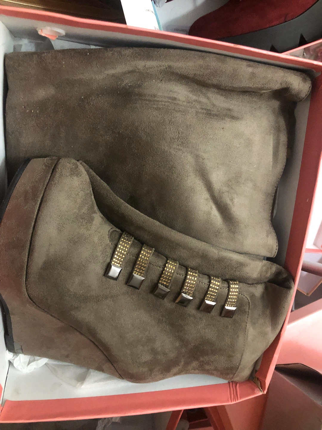 Taupe Suede Wedge Ankle Boots with Embellishments - photo 3