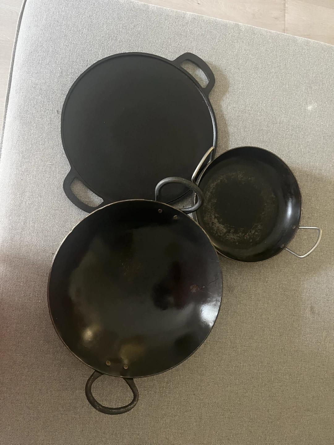 Set of 3 cast iron  tawa, wok and small pan