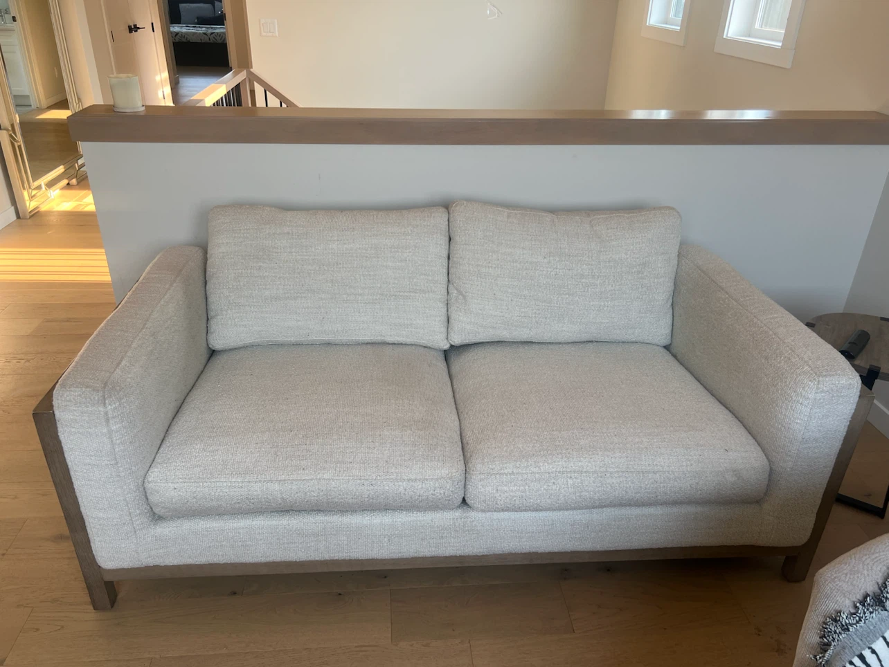 Cream Textured Loveseat Sofa with Wood Frame