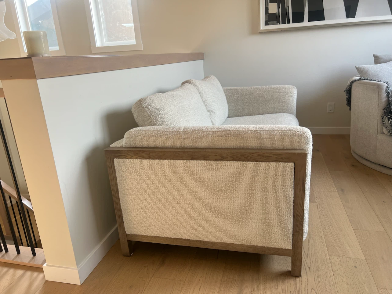 Cream Textured Loveseat Sofa with Wood Frame - photo 2