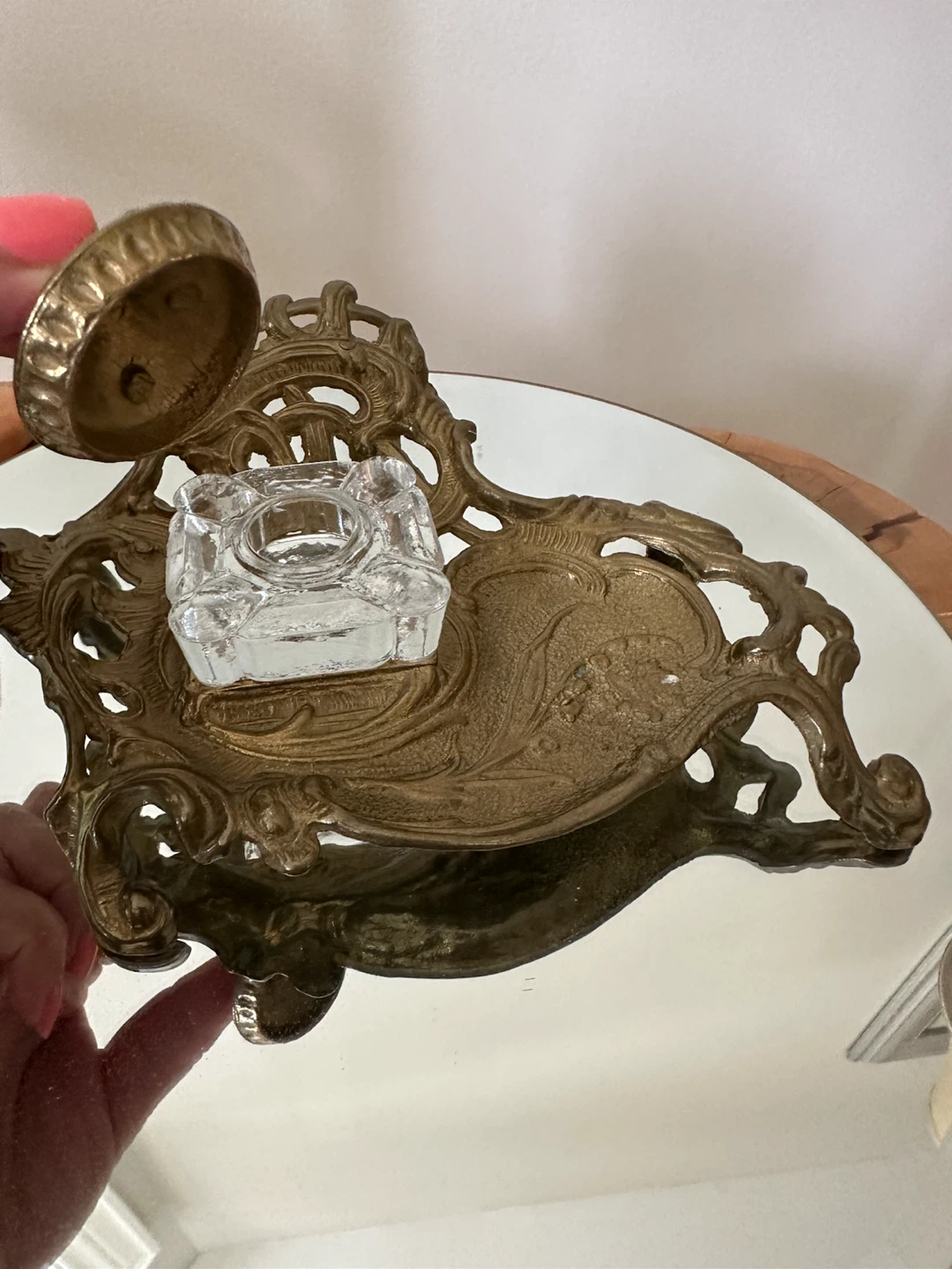 Antique Brass and Glass Inkwell Set