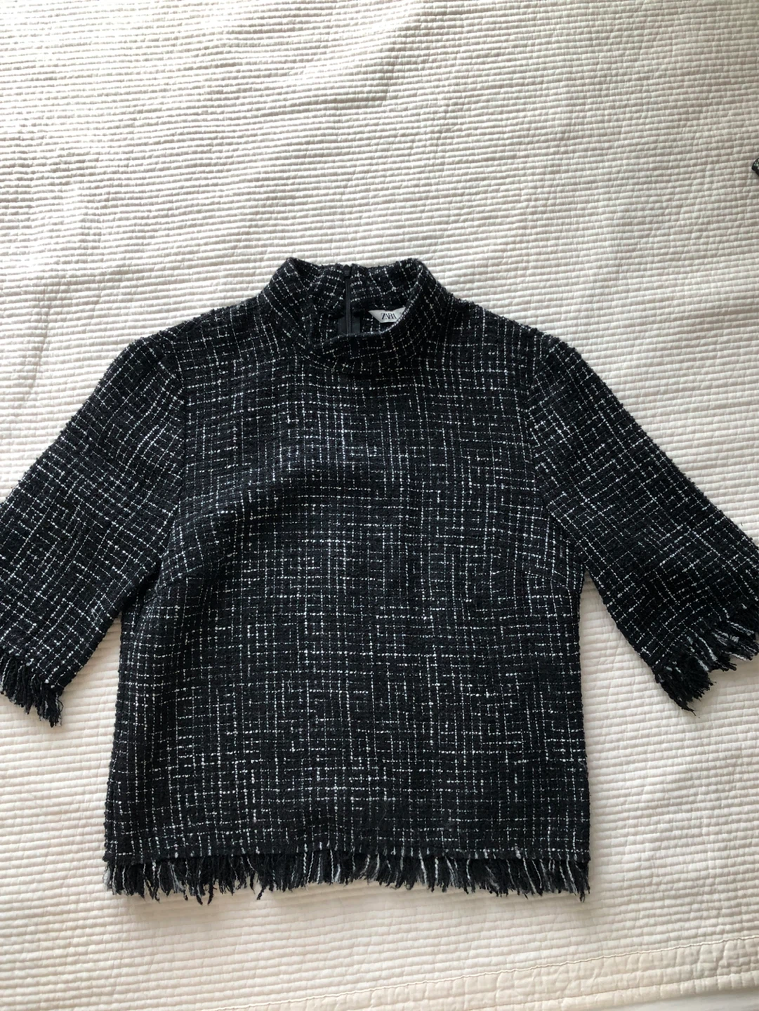 ZARA Black & White Tweed Fringed Top