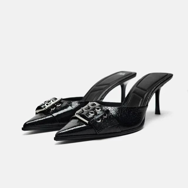 Brand New Zara Black Buckle Pointed Toe Mules