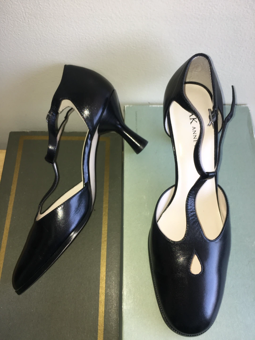 Anne Klein Black Leather T-Strap Heels