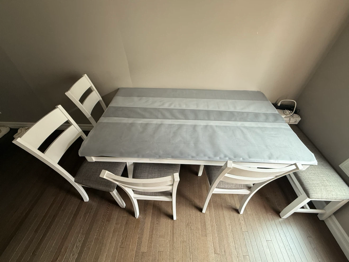 White Dining Chair with Grey Upholstered Seat