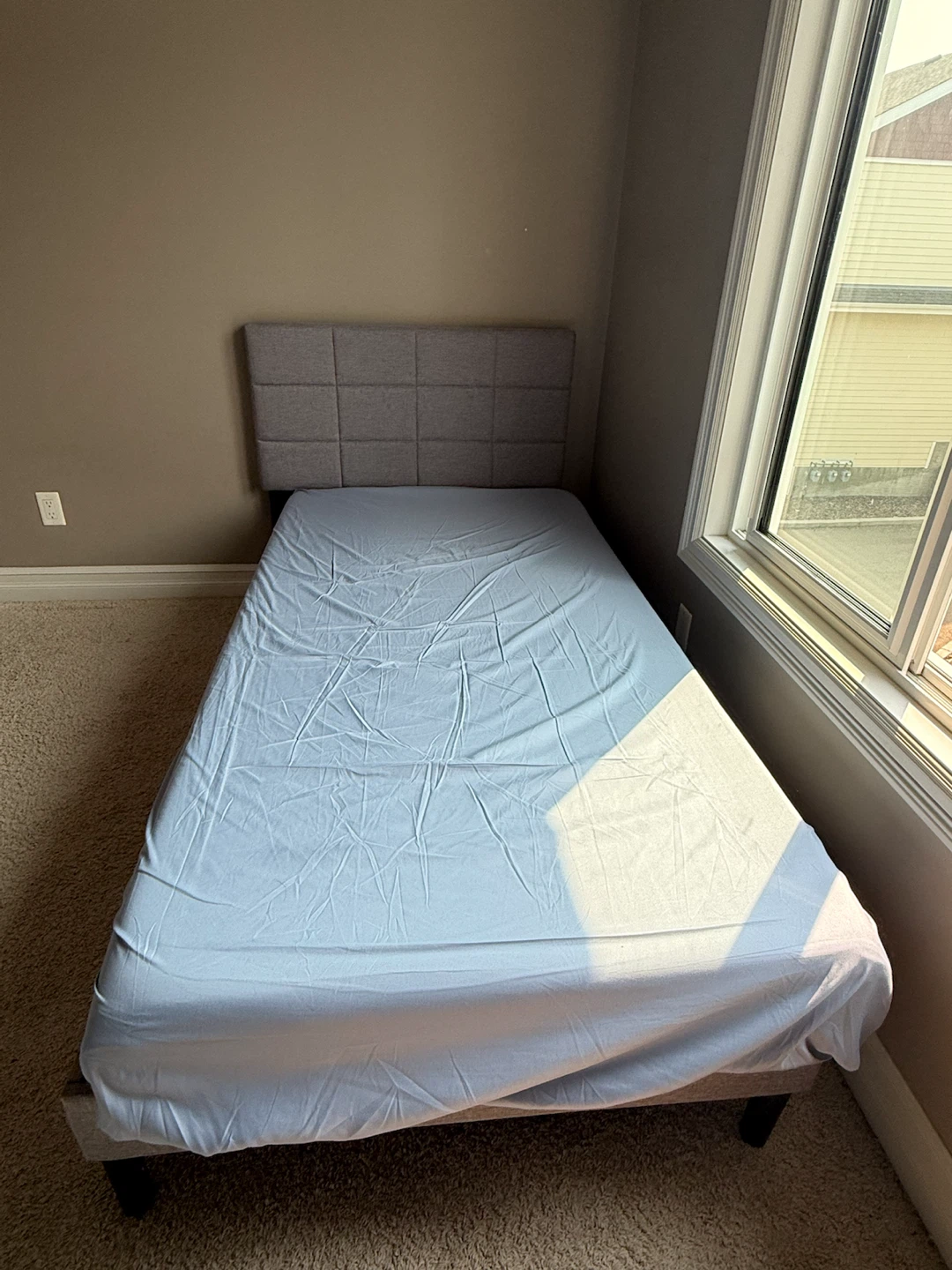 Grey Upholstered Twin Bed Frame with Headboard