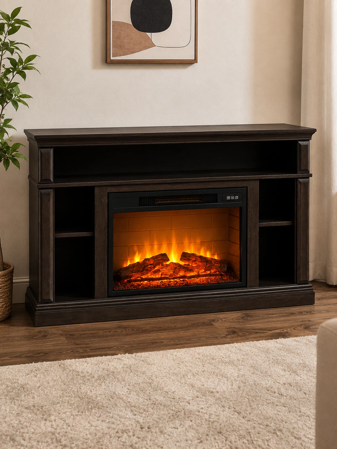 Dark Wood Electric Fireplace with Shelving