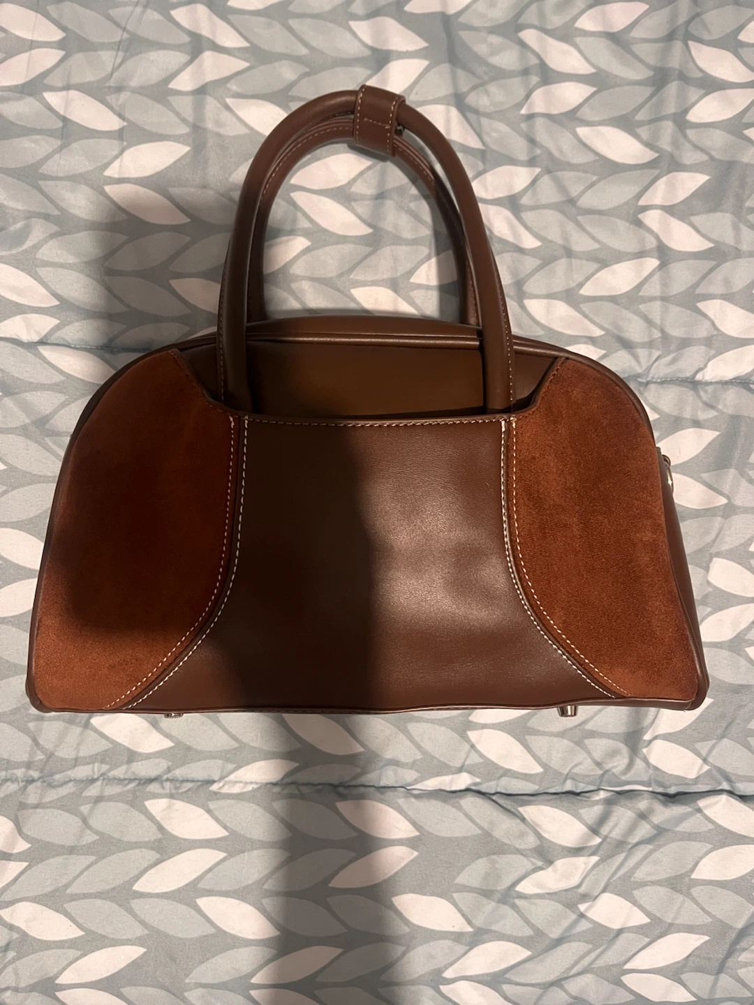 Brown Faux Leather and Suede Satchel Handbag
