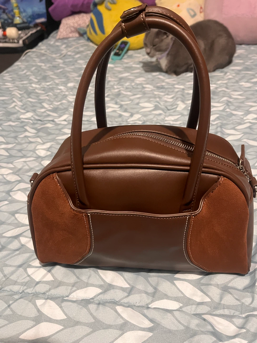 Brown Faux Leather and Suede Satchel Handbag - photo 2